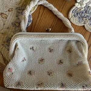 Corde-Bead Beaded Floral White Vintage Clutch With Mirror, GUC